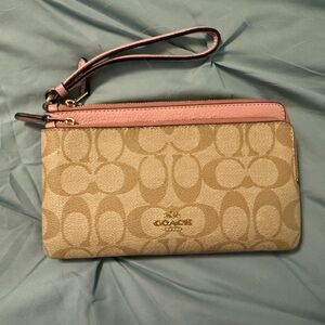 Coach Signature Tan and Pink Wristlet